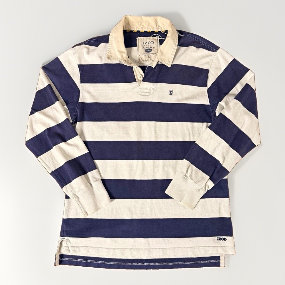 IZOD Jeans Rugby Men's Striped Polo Shirt Blue/White Cotton L Long Sleeve